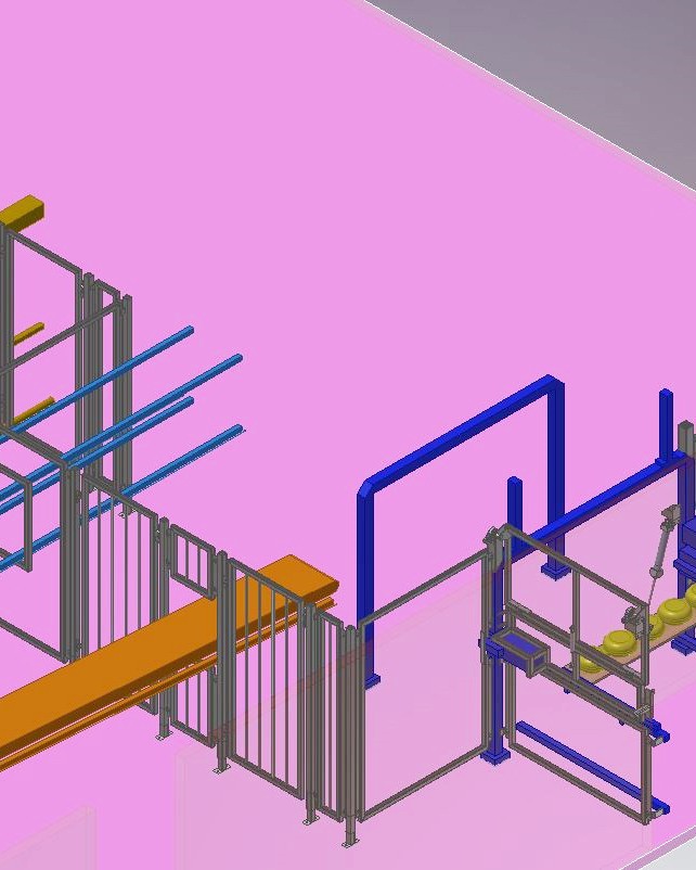 Ontwerp van de nieuwe afscherming van een productielijn, met hekken en draaideuren